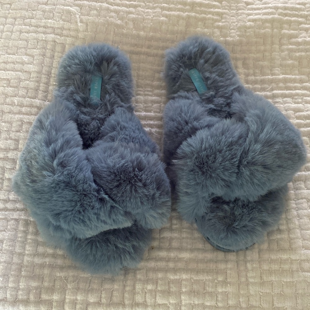 Draper James blue furry bedroom slippers